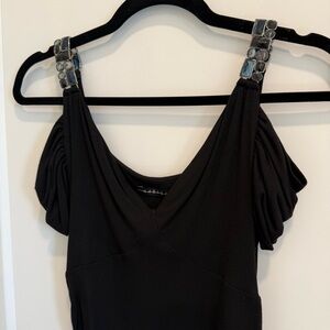 Marisa K Elegant Black Open-Shoulder Ruched Top with strap detail